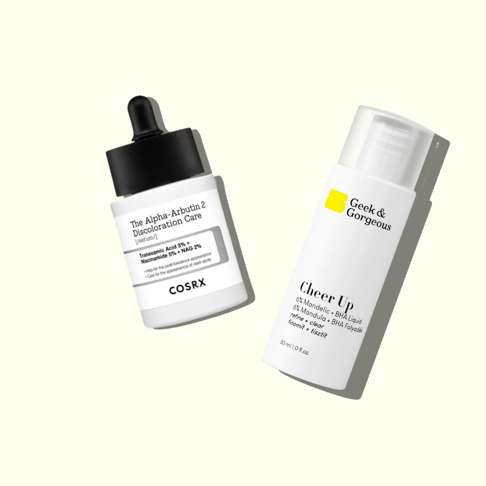 Flat lay of Geek & Gorgeous Cheer Up and COSRX Alpha Arbutin serum for clear glowing skin.
