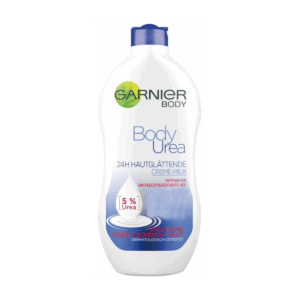 Image of Garnier Body Urea 5 Percent Cream Milk for dry and itchy skin in a white and blue bottle.