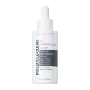 Nineless Molecule-Clear 5% Mandelic Acid Serum bottle showing exfoliating serum for uneven texture and tone