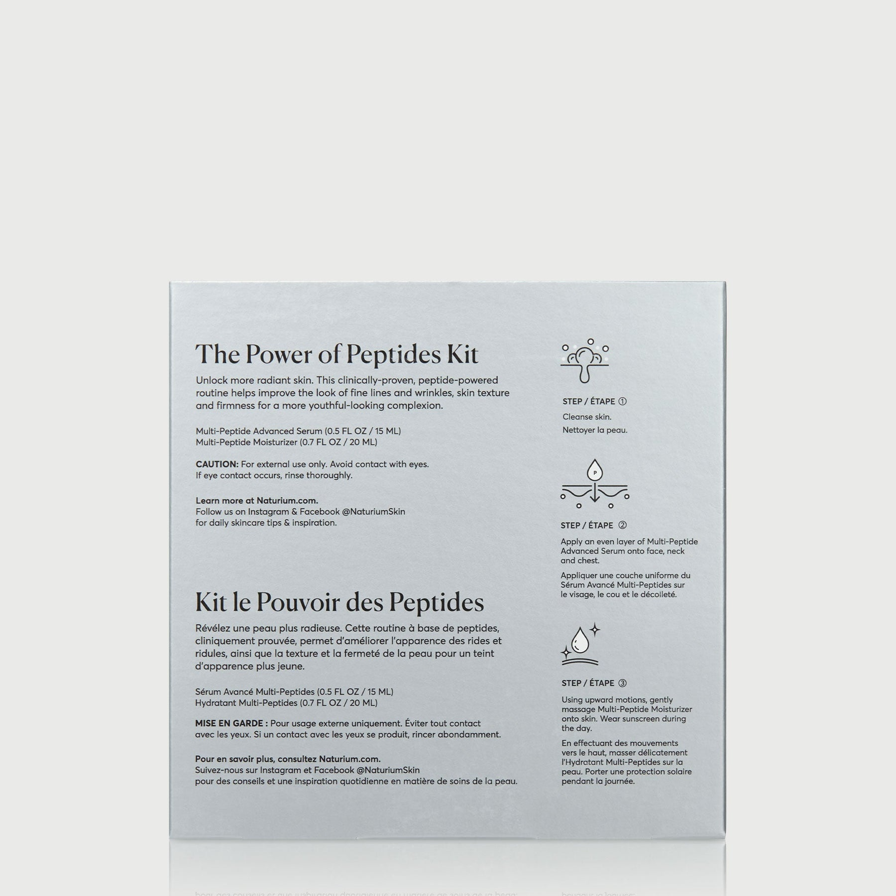 Back view of Naturium Power of Peptides Kit packaging showing product steps usage instructions and routine guidance.