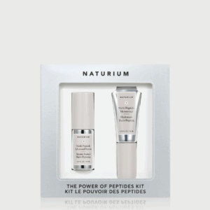 Naturium Power of Peptides Kit featuring Multi-Peptide Advanced Serum and Multi-Peptide Moisturizer displayed in a silver box.