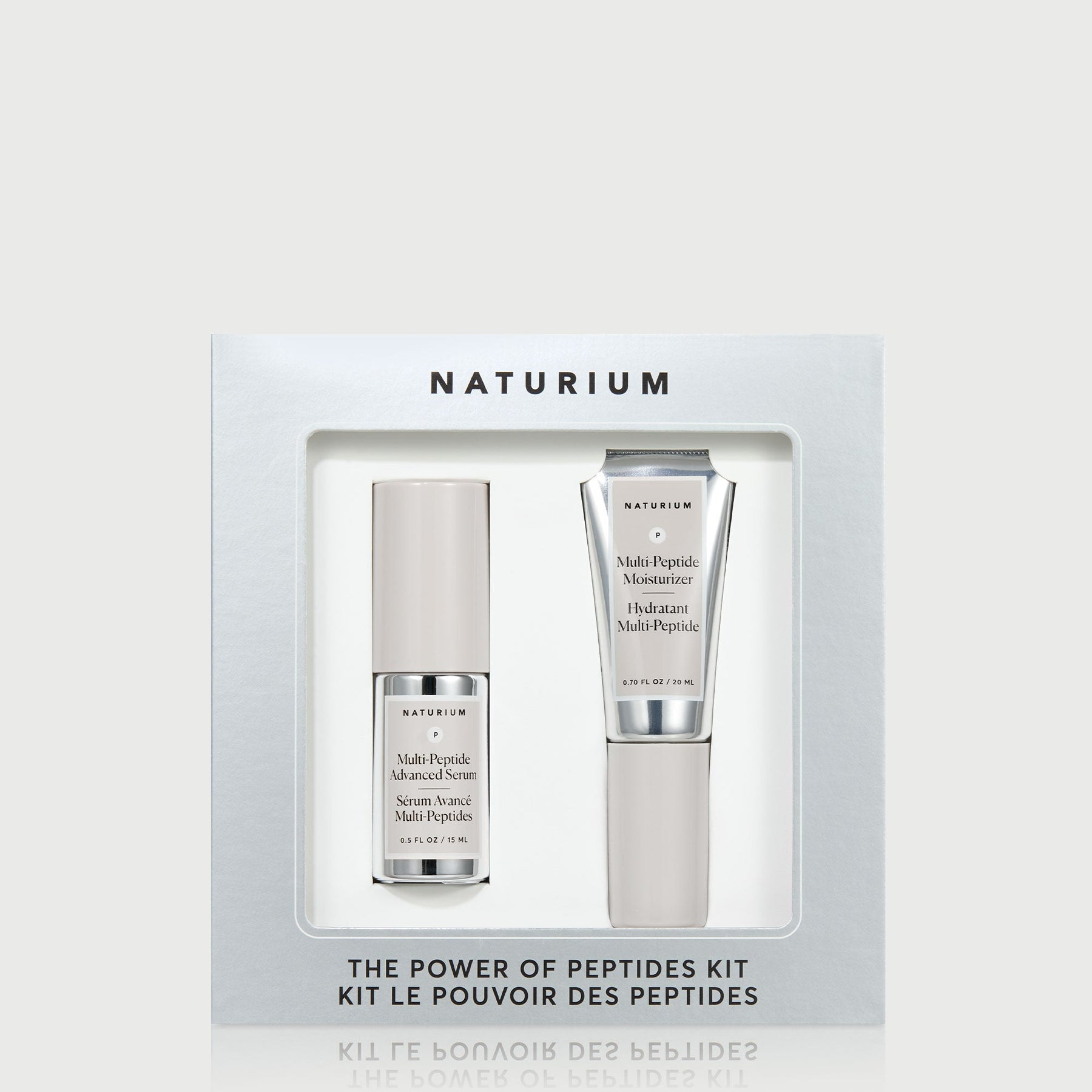 Naturium Power of Peptides Kit featuring Multi-Peptide Advanced Serum and Multi-Peptide Moisturizer displayed in a silver box.