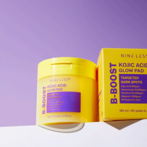 Nine Less Kojic Acid Glow Pad packaging box and jar for dark spot care