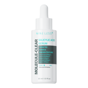 Nine Less Molecule-Clear Salicylic Acid Serum bottle for acne-prone skin targeting pores and uneven texture