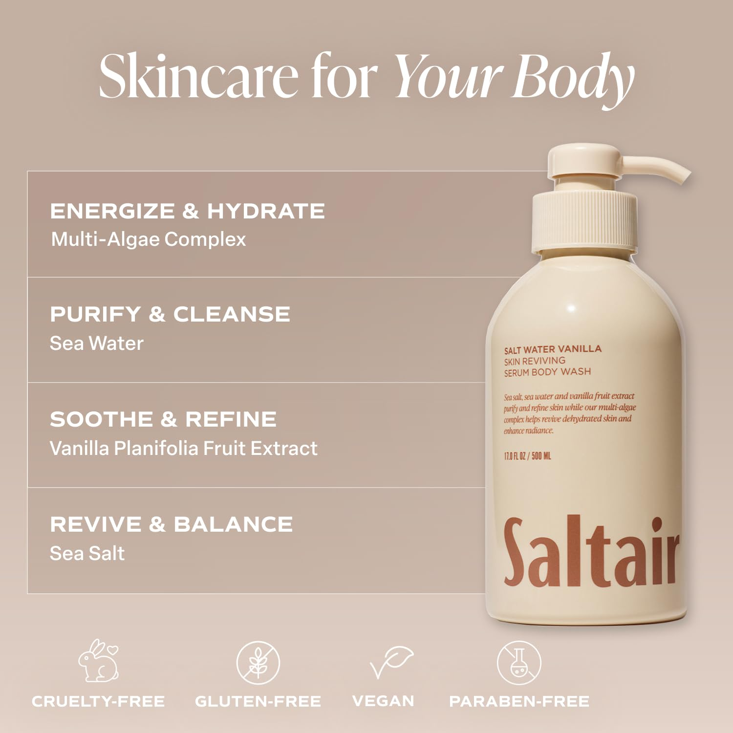 Saltair Salt Water Vanilla body wash highlighting hydration and skin refining benefits