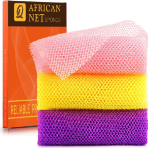 Multicolor African net sponge set displaying pink, yellow, and purple exfoliating nylon mesh.