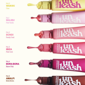 Unleashia Gloss Balm colour comparison swatches labeled Waikiki, Malibu, Bondi, Ibiza, Bora Bora and Amalfi with shade descriptions