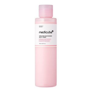 Medicube PDRN Pink Niacinamide Milky Toner bottle with soft pink gradient background