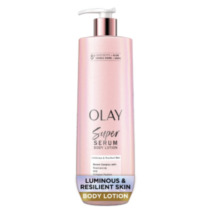 Olay Super Serum Body Lotion in pink iridescent bottle for luminous and resilient skin