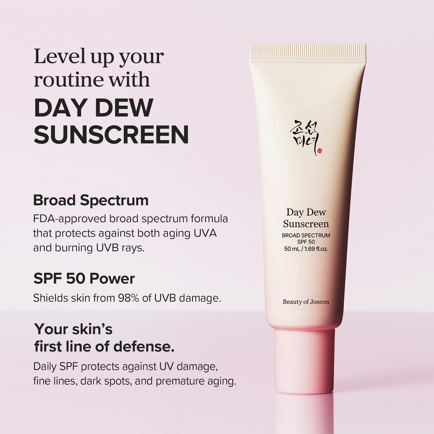 Beauty of Joseon Day Dew Sunscreen product shot emphasizing broad spectrum SPF 50 protection