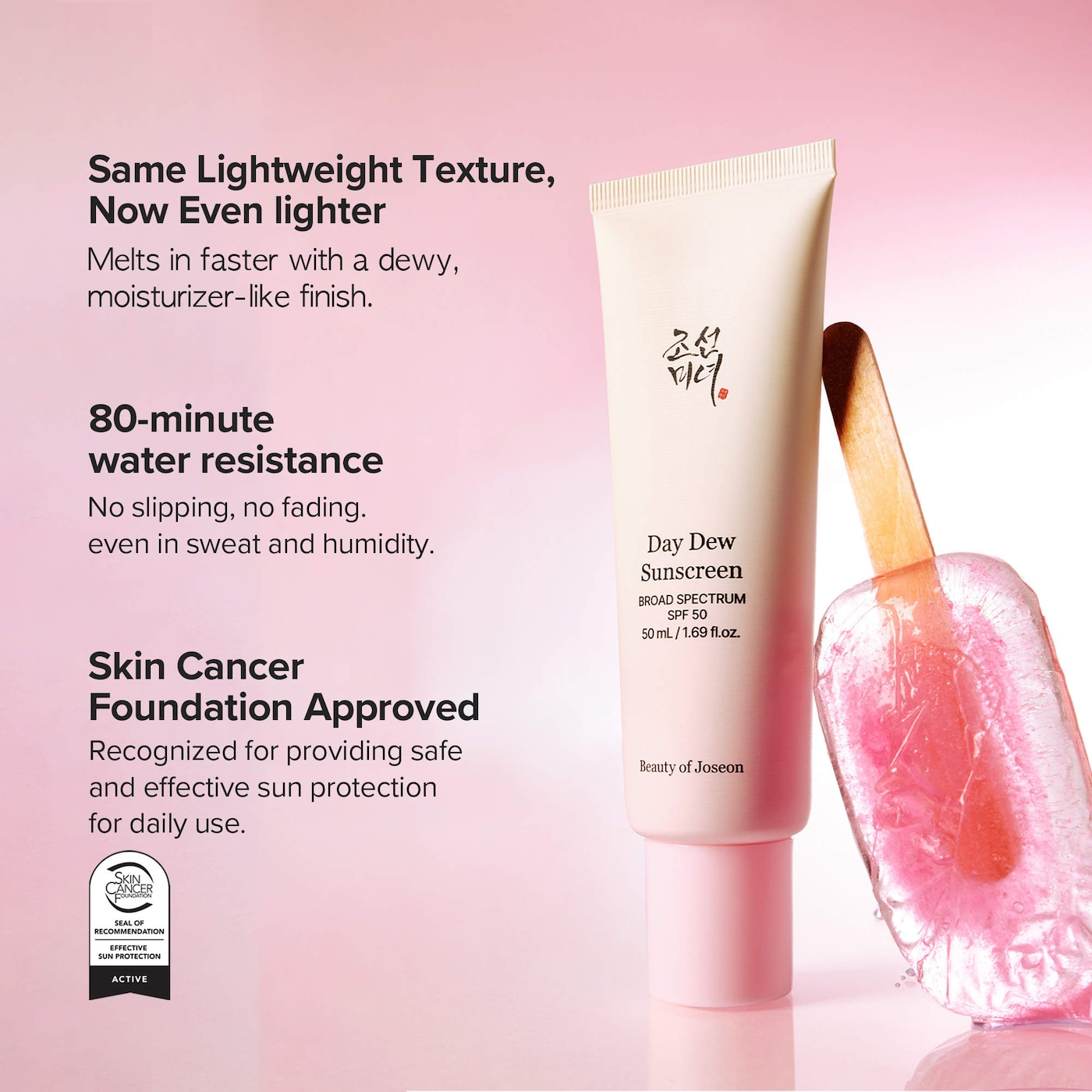 Beauty of Joseon Day Dew Sunscreen SPF 50 highlighting lightweight texture and water resistant formula