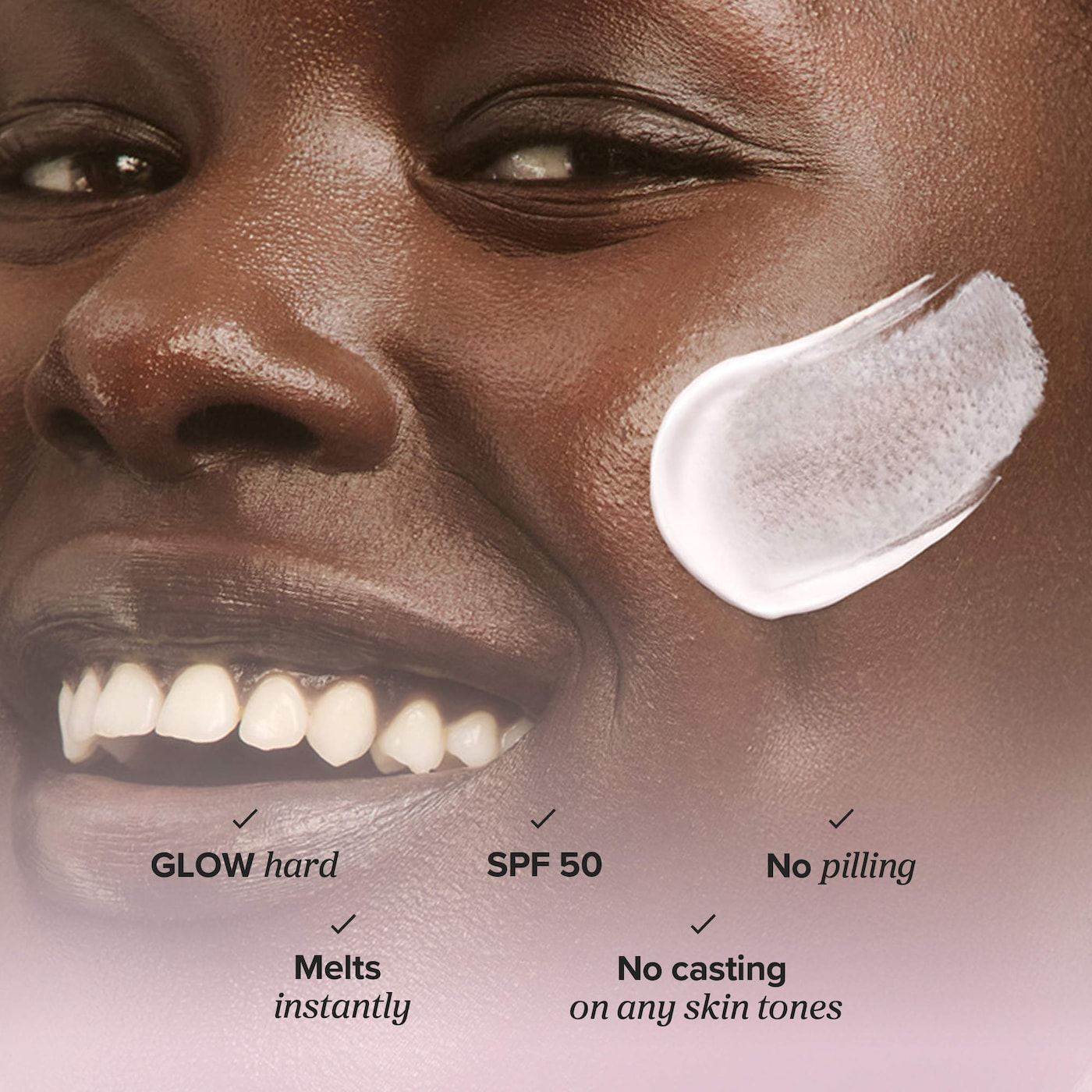 Close-up of Beauty of Joseon Day Dew Sunscreen applied on deep skin tone with smooth blend