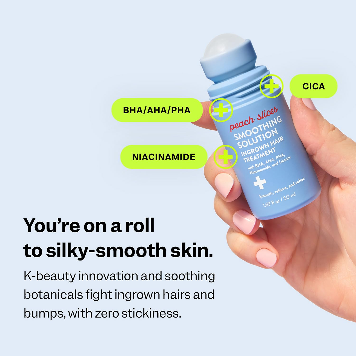 Peach Slices Smoothing Solution roll on showing key ingredients BHA, AHA, PHA, niacinamide and cica