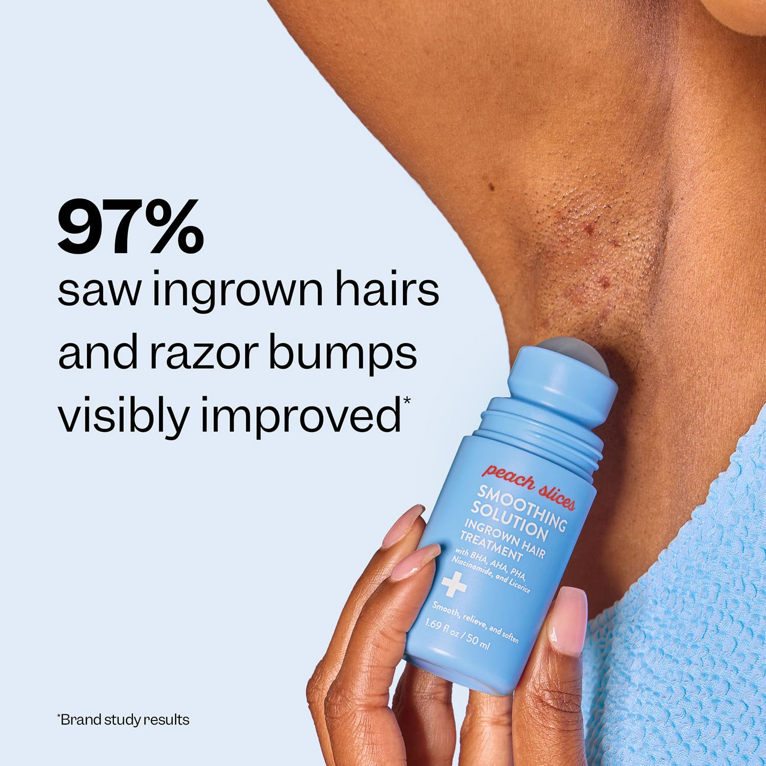Peach Slices Smoothing Solution applied to underarm to improve ingrown hairs and razor bumps