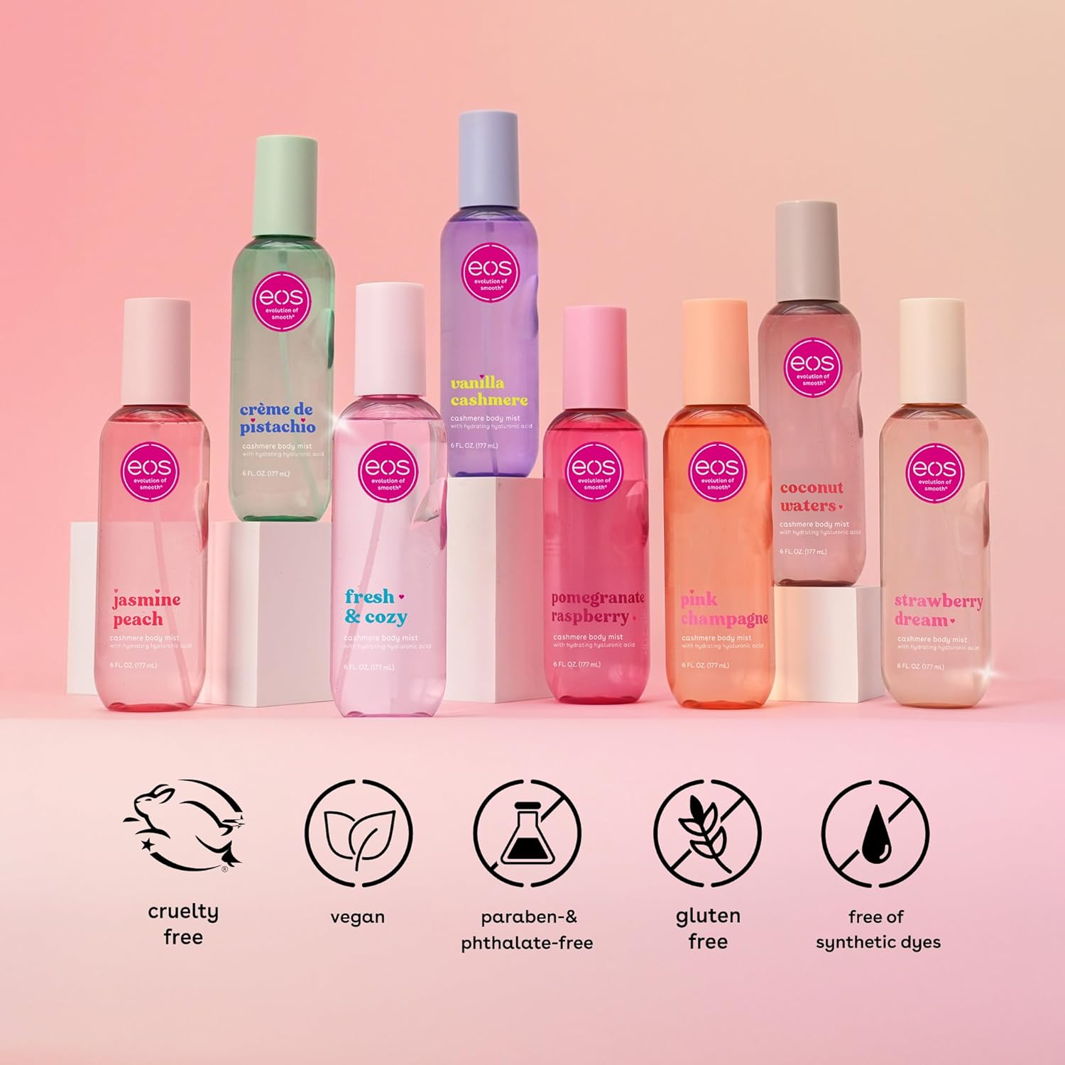 EOS Cashmere Body Mist full scent lineup with cruelty free vegan and paraben free icons